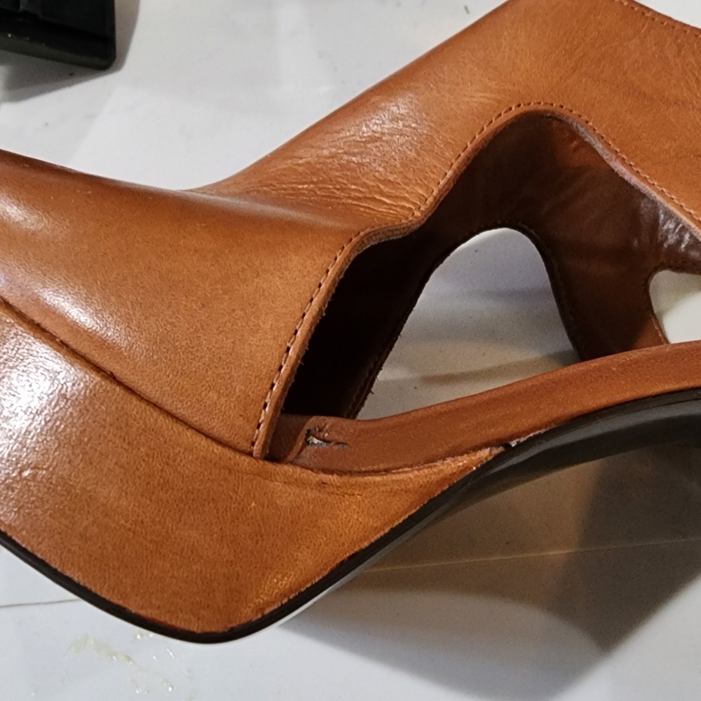 Lauren Ralph Lauren Synthia Cognac Leather Platform Slingback Sandals 10 - Picture 12 of 15